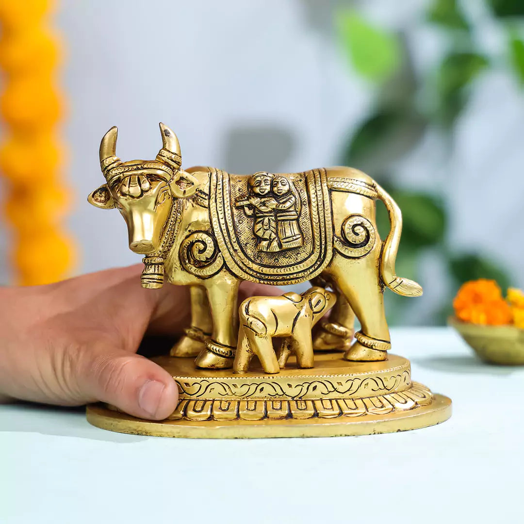 5" Brass Cow & Calf With Carved Radha Krishna Idol 2