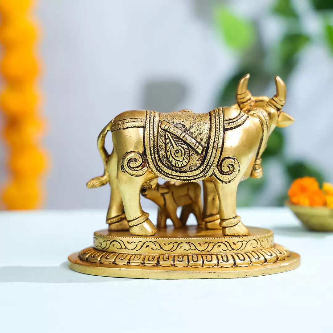 5" Brass Cow & Calf With Carved Radha Krishna Idol 3