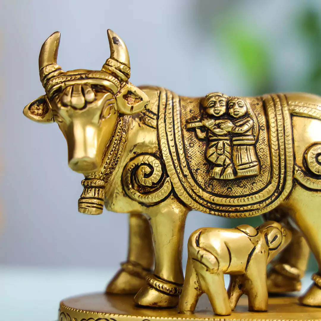 5" Brass Cow & Calf With Carved Radha Krishna Idol 4