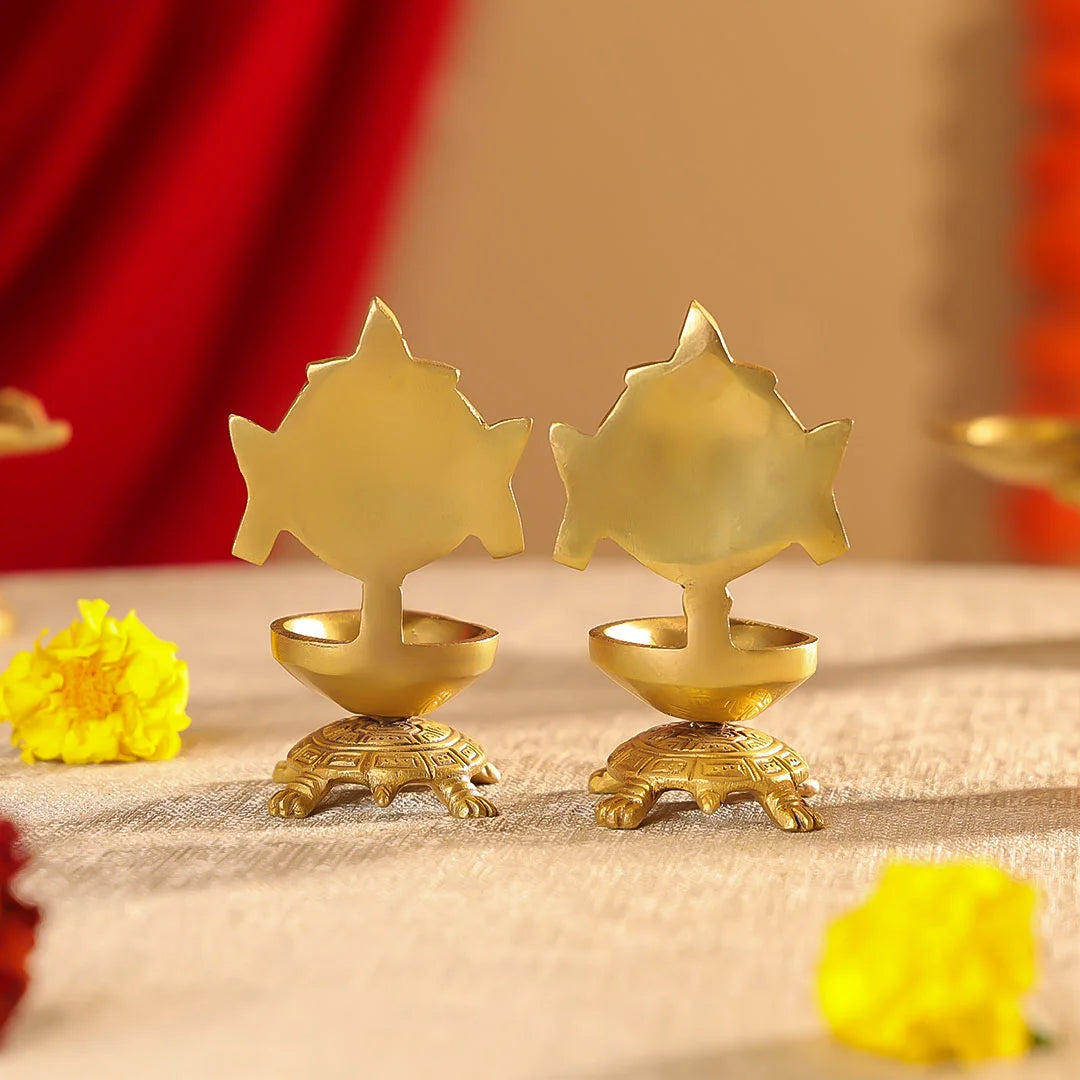 Brass Shankh And Chakra Diya On Tortoise Set