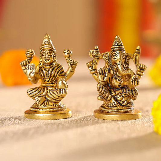 Brass Lord Ganesha & Laxmi Seated On Round Base Idol Set