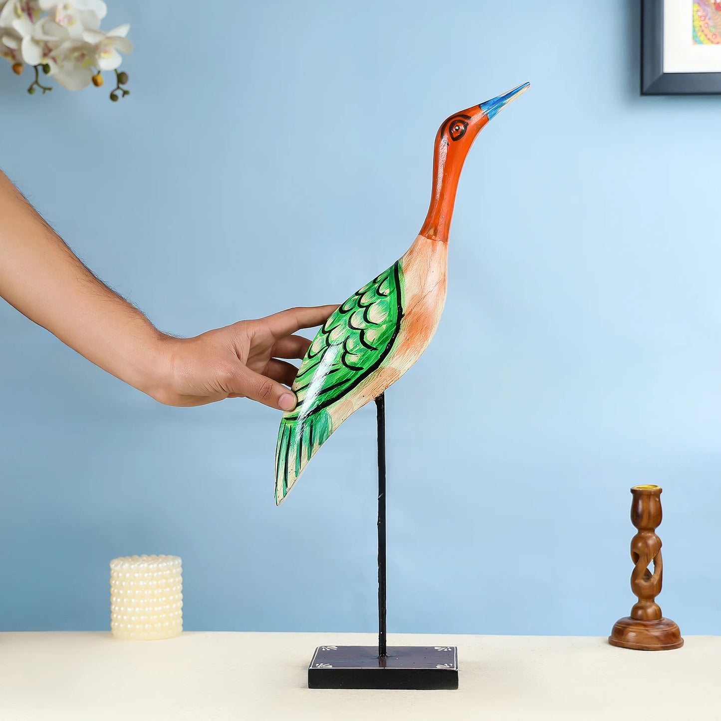 Iron & Wood Hand Painted Stone Bird