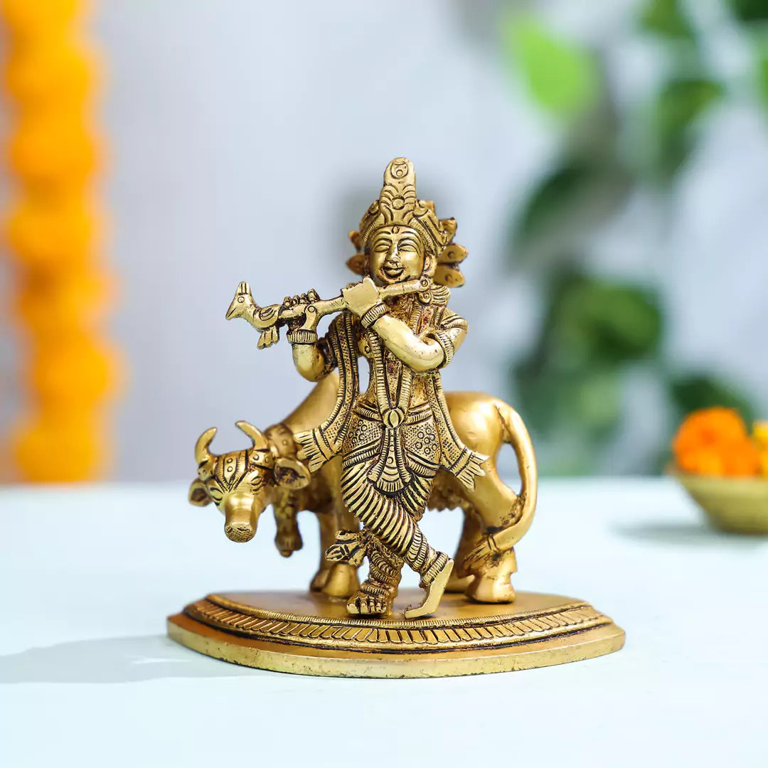 6" Brass Superfine Lord Krishna With Cow in Background Idol on Semi-Circular Base
