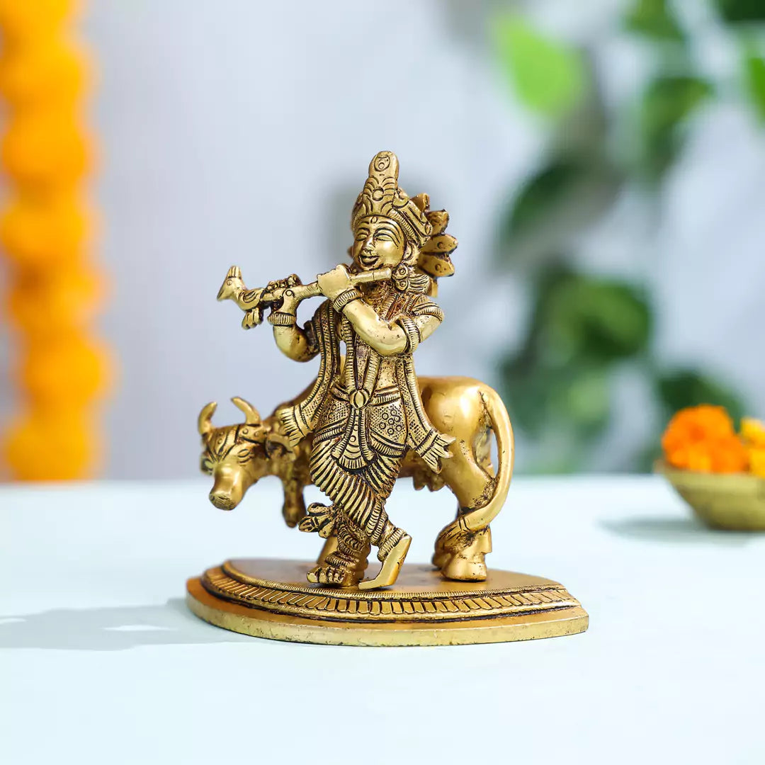 6" Brass Superfine Lord Krishna With Cow in Background Idol on Semi-Circular Base 1