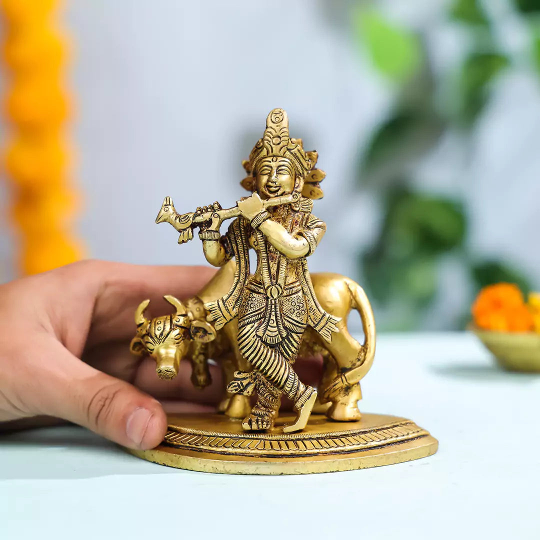 6" Brass Superfine Lord Krishna With Cow in Background Idol on Semi-Circular Base 2