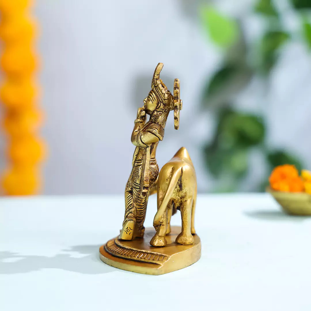 6" Brass Superfine Lord Krishna With Cow in Background Idol on Semi-Circular Base 3