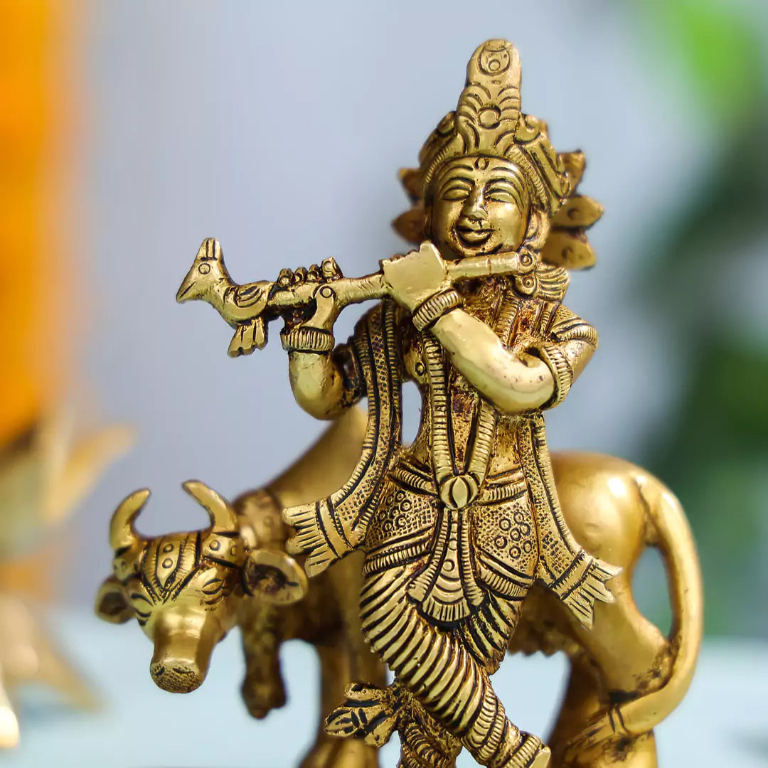 6" Brass Superfine Lord Krishna With Cow in Background Idol on Semi-Circular Base 4