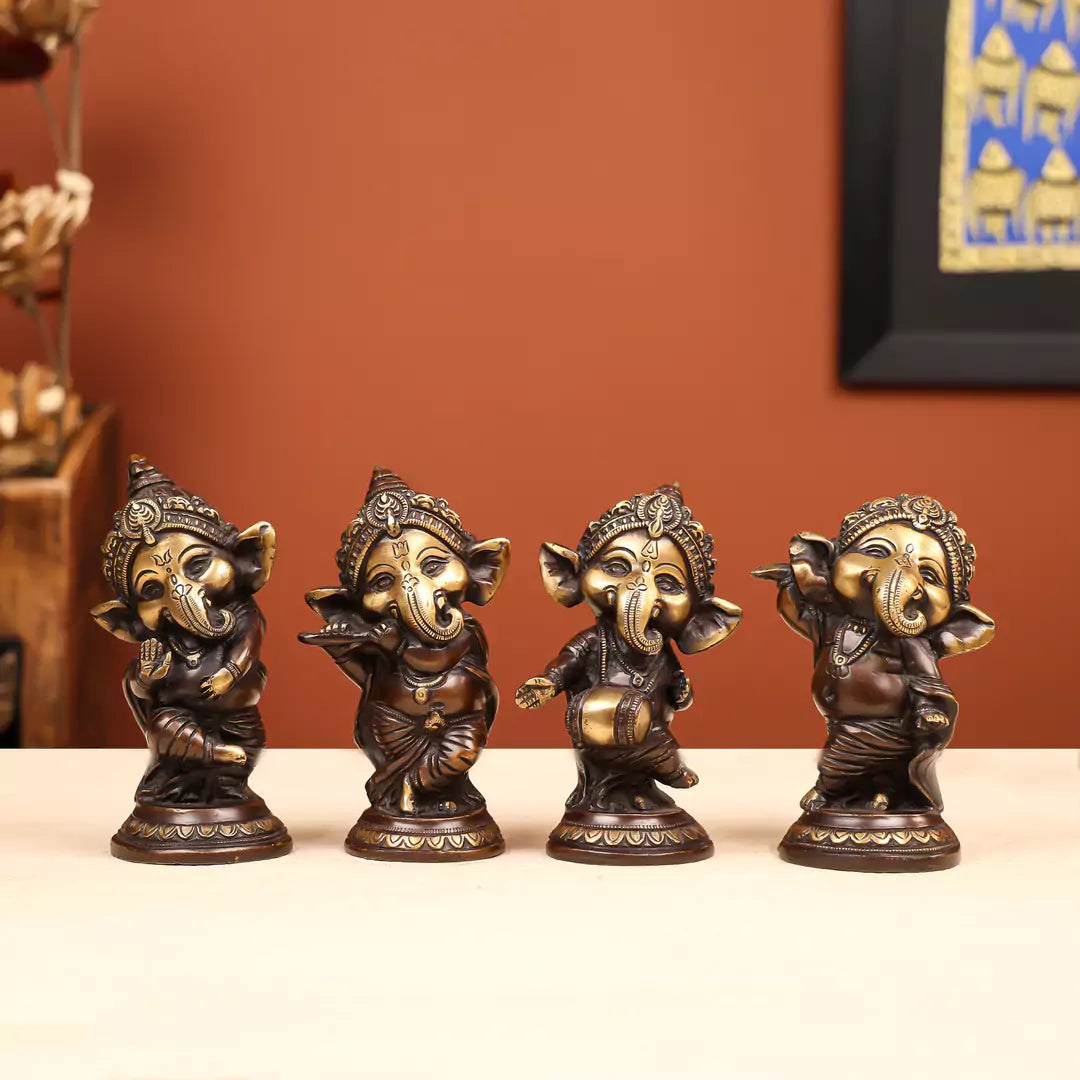 6" Coloured Brass Lord Ganesha Musician Set of 4