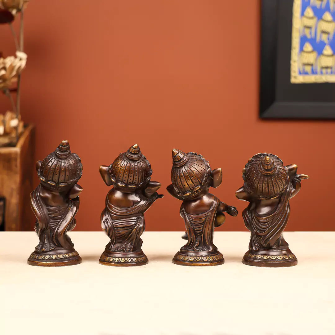 6" Coloured Brass Lord Ganesha Musician Set of 4 2