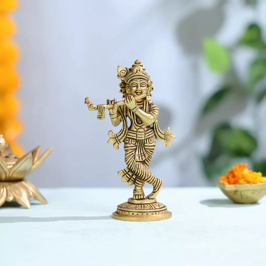 6" Super Fine Brass Lord Krishna Fluting Idol on Round Base