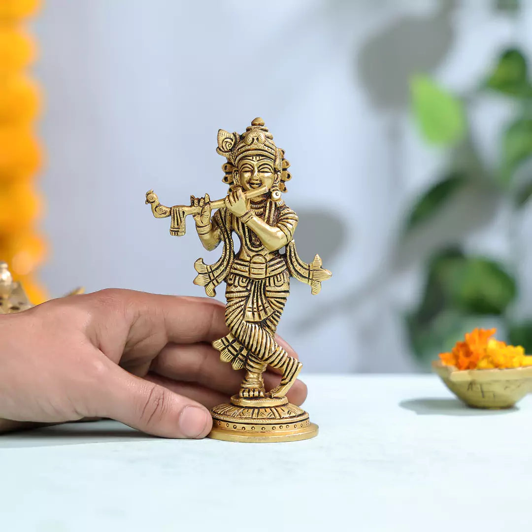 6" Super Fine Brass Lord Krishna Fluting Idol on Round Base