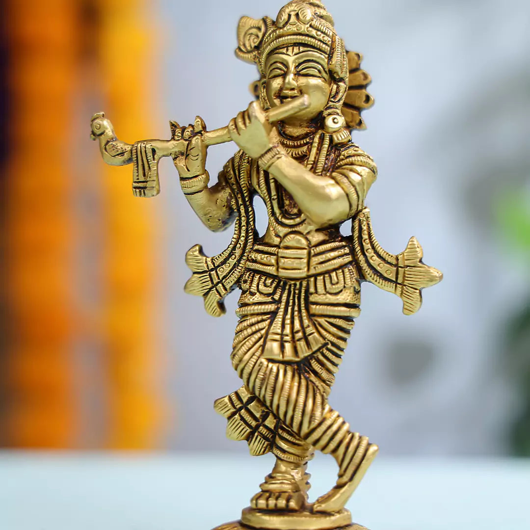 6" Super Fine Brass Lord Krishna Fluting Idol on Round Base