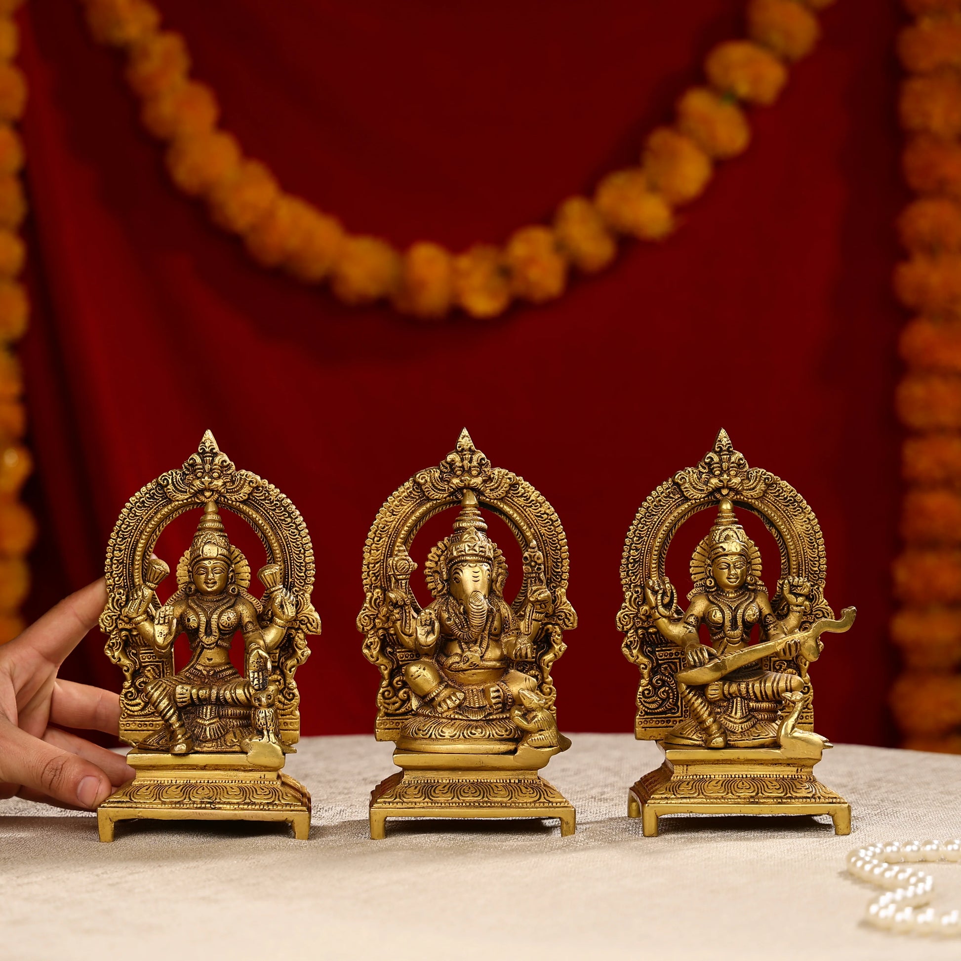 Brass Lakshmi Ganesha And Saraswati Trio Idols Seated On Throne