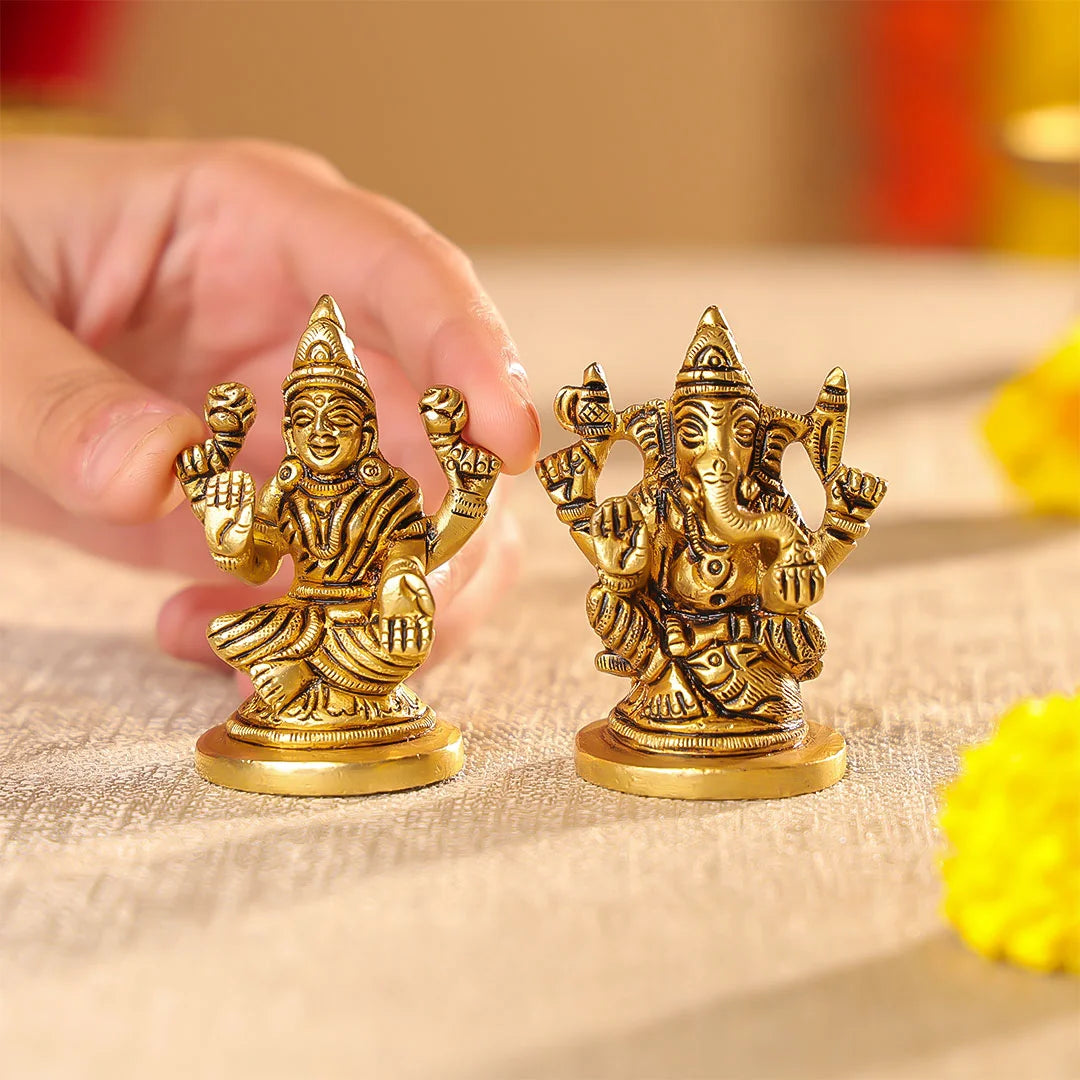 Brass Lord Ganesha & Laxmi Seated On Round Base Idol Set