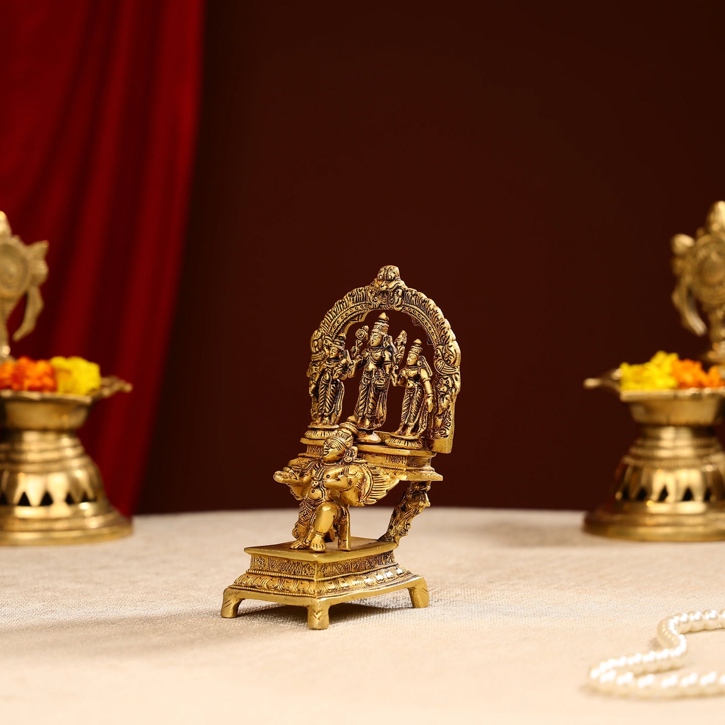 Super Fine Brass Shri Maha Vishnu With Sridevi Bhudevi On Garuda Bhagwan Idol