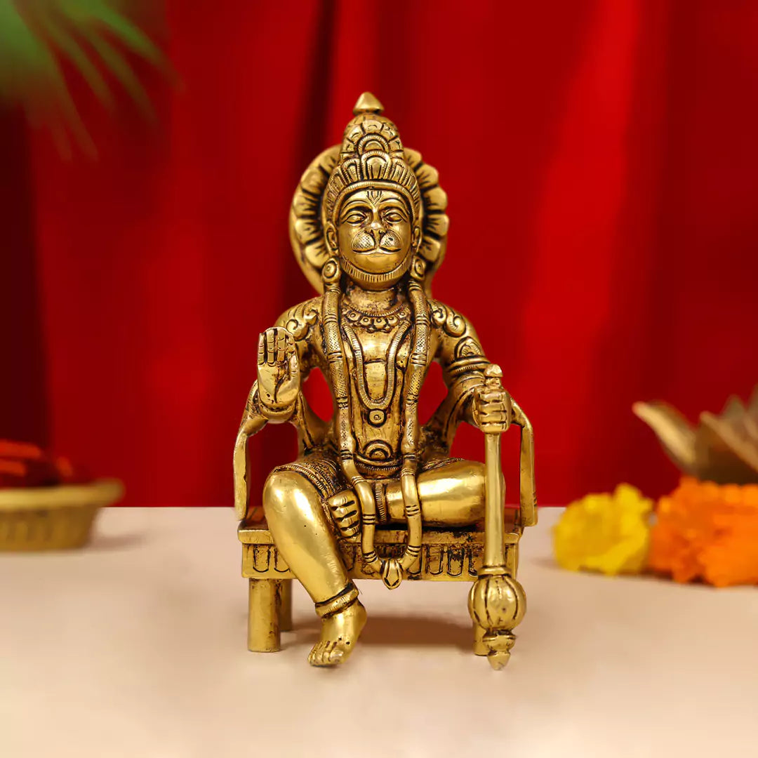 7" Brass Blessing Hanuman Idol Seated on a Chowki