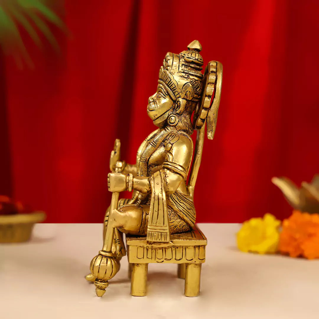 7" Brass Blessing Hanuman Idol Seated on a Chowki 2