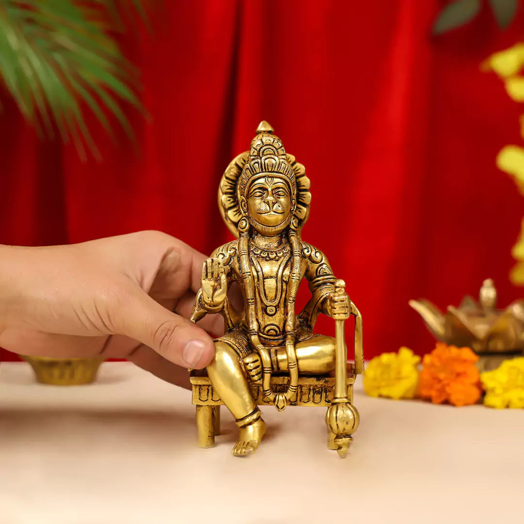7" Brass Blessing Hanuman Idol Seated on a Chowki 3