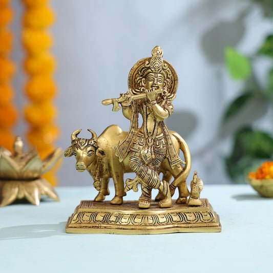 7" Brass Lord Krishna with Cow in Background 1