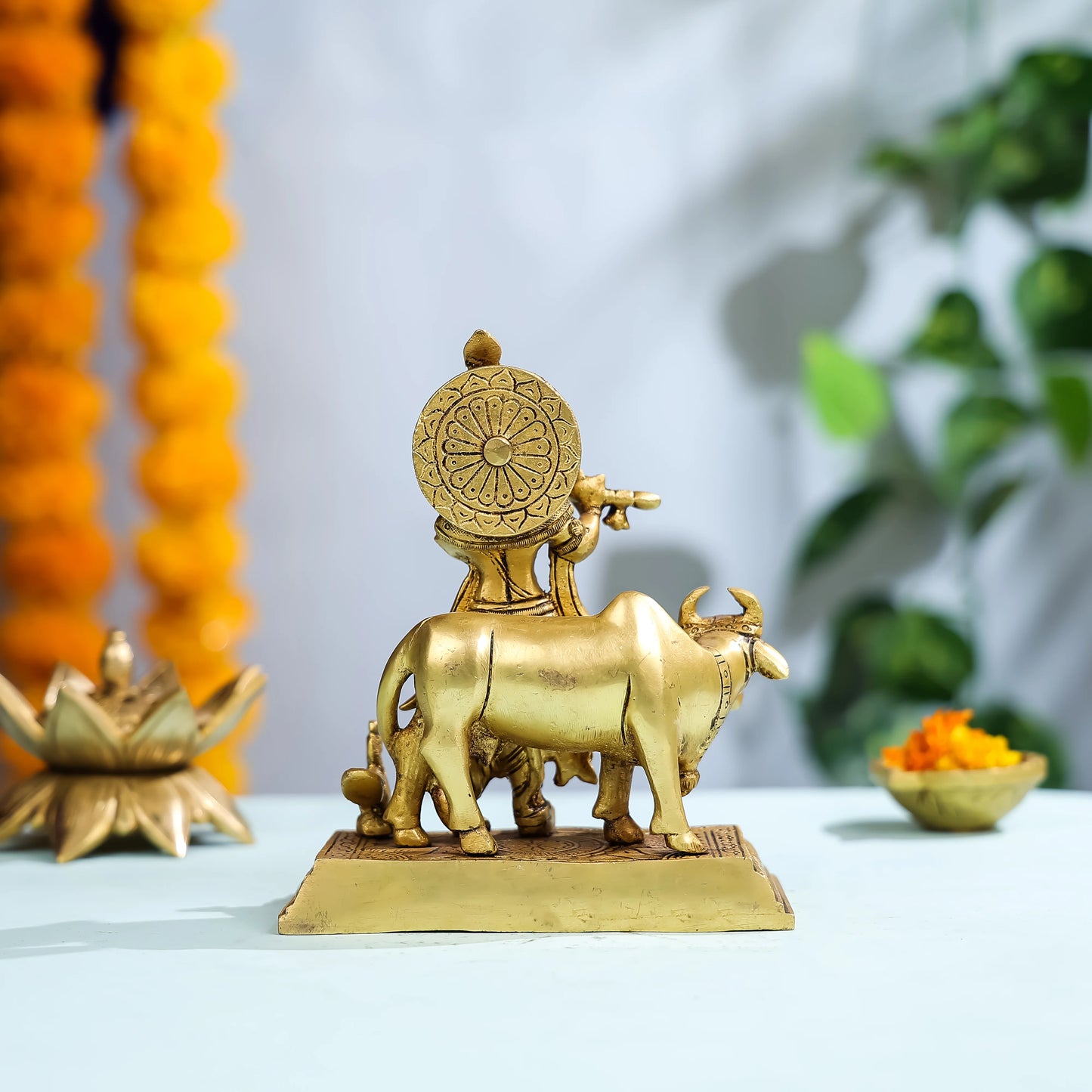 7" Brass Lord Krishna with Cow in Background 2