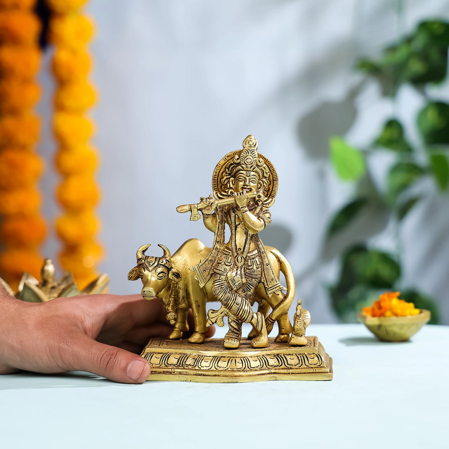 7" Brass Lord Krishna with Cow in Background 3