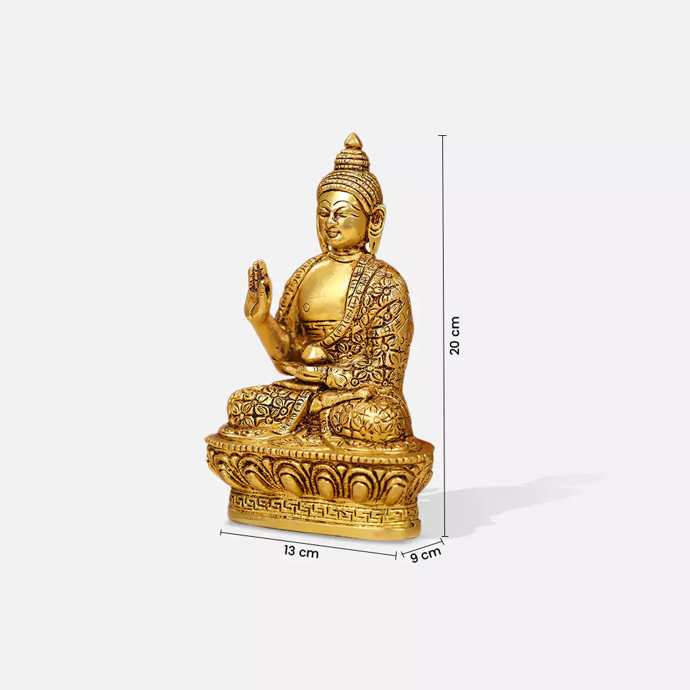 8" Brass Lord Buddha Idol Sitting On Lotus Base