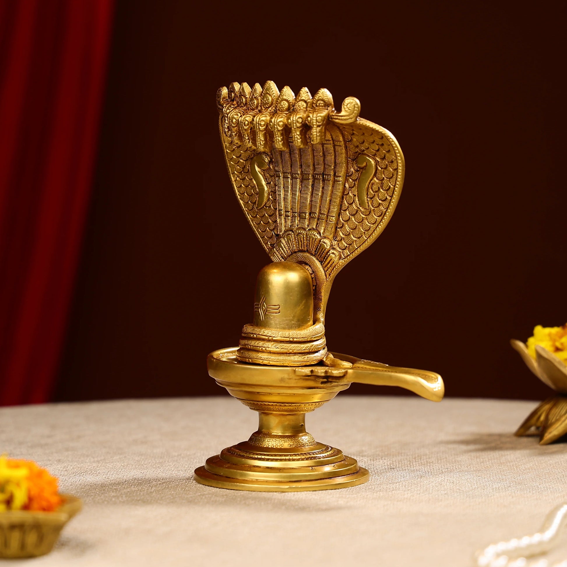 8.5 Super Fine Brass Lord Shiva Linga With Sheesh Naag Idol