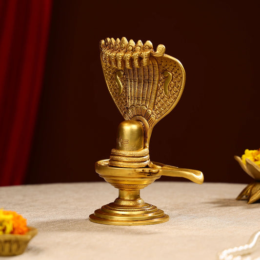 8.5 Super Fine Brass Lord Shiva Linga With Sheesh Naag Idol