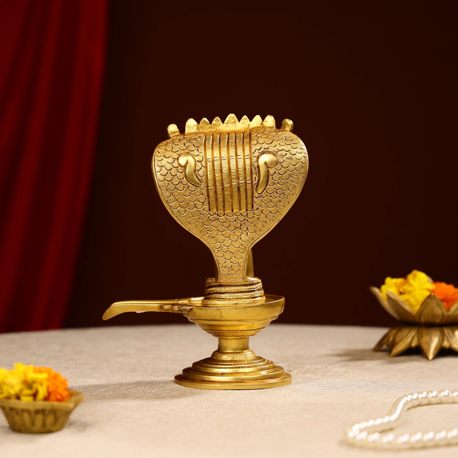 8.5 Super Fine Brass Lord Shiva Linga With Sheesh Naag Idol