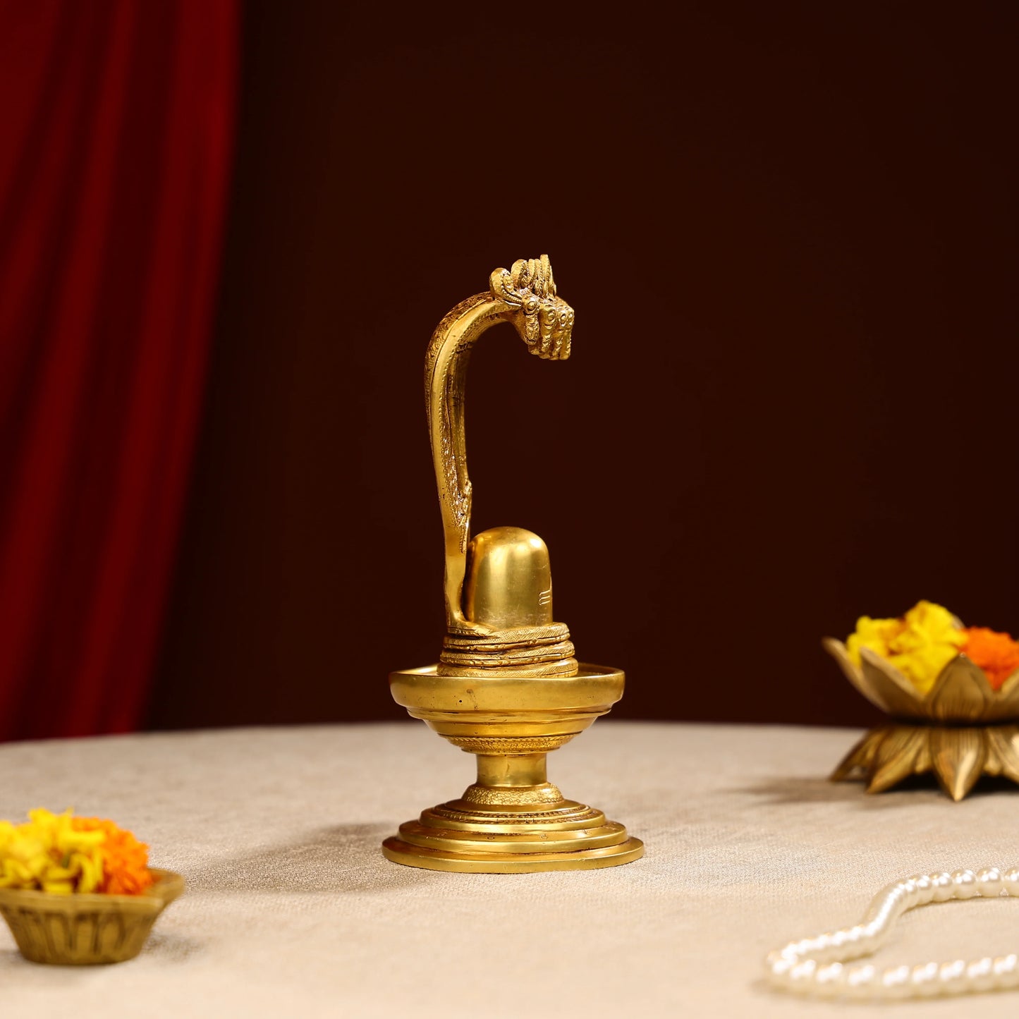 8.5 Super Fine Brass Lord Shiva Linga With Sheesh Naag Idol