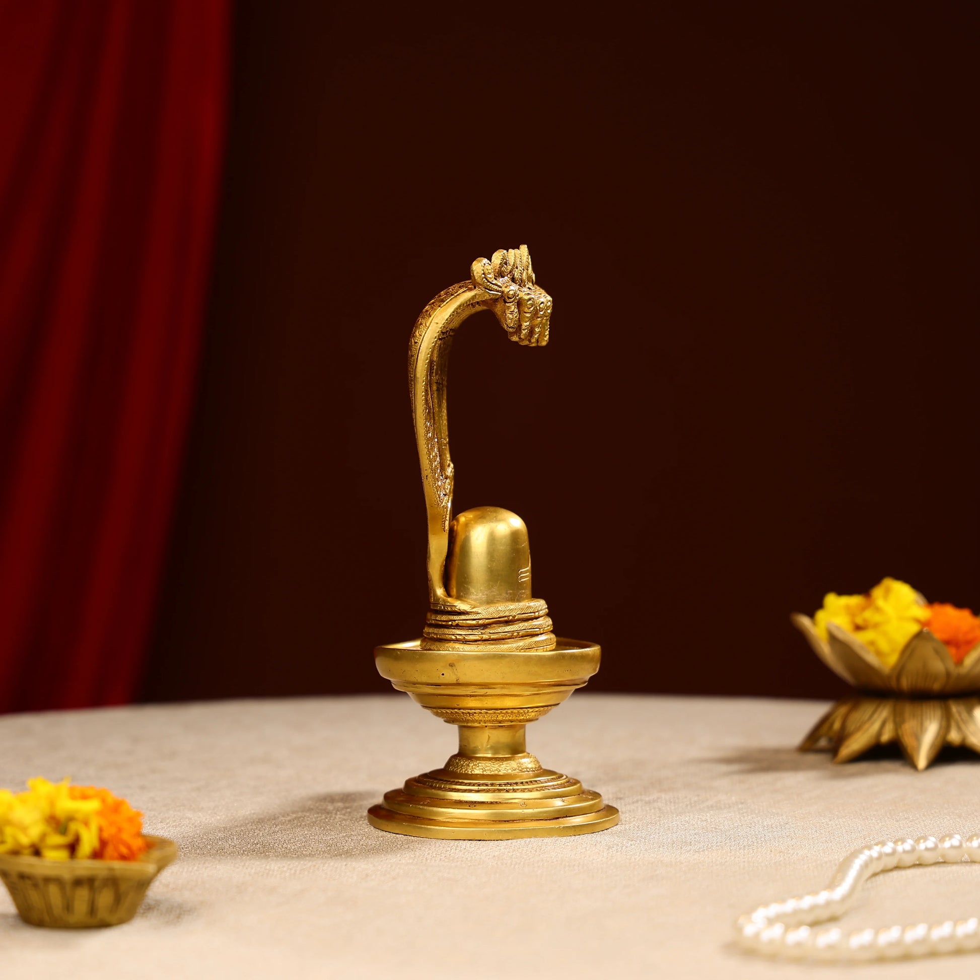 8.5 Super Fine Brass Lord Shiva Linga With Sheesh Naag Idol