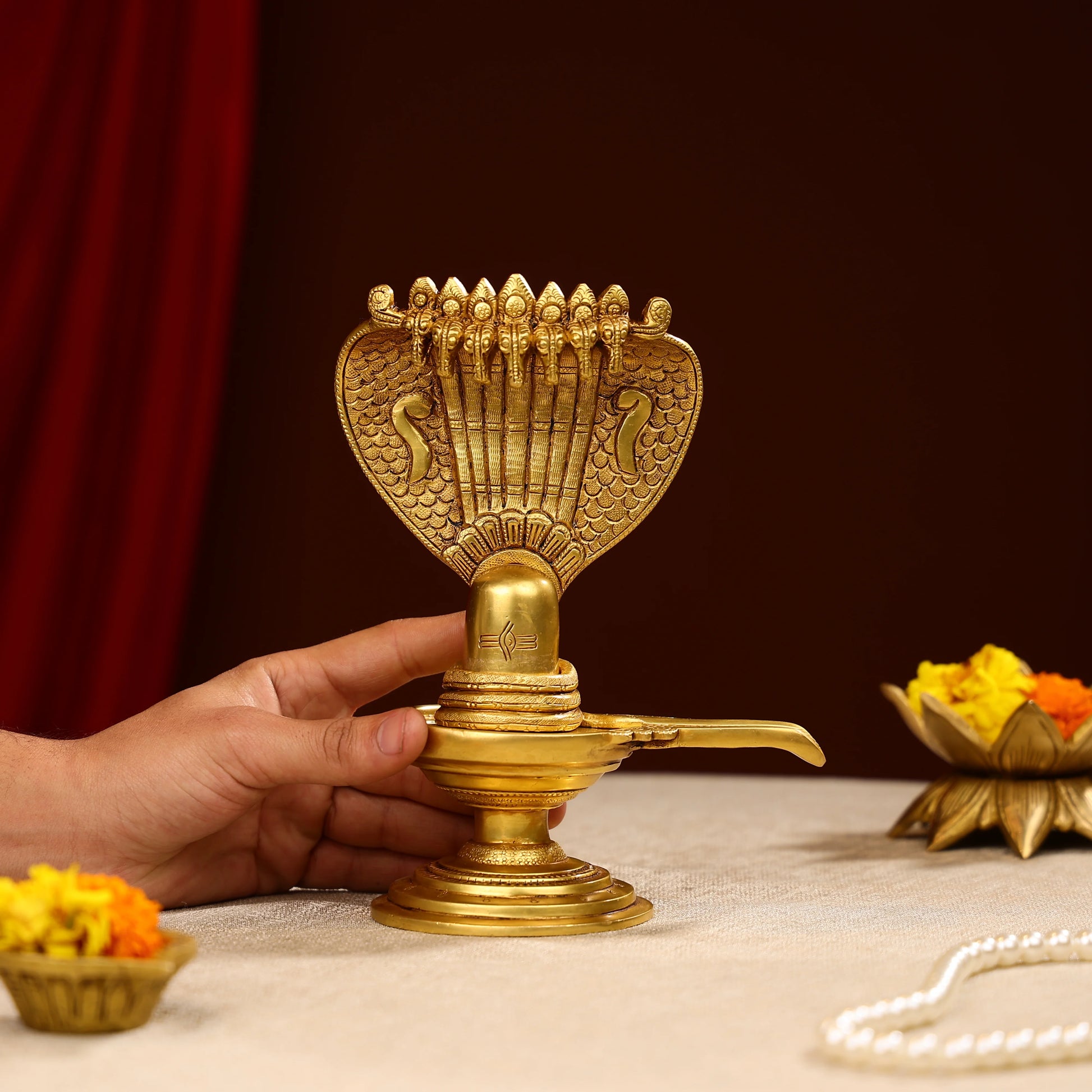 8.5 Super Fine Brass Lord Shiva Linga With Sheesh Naag Idol