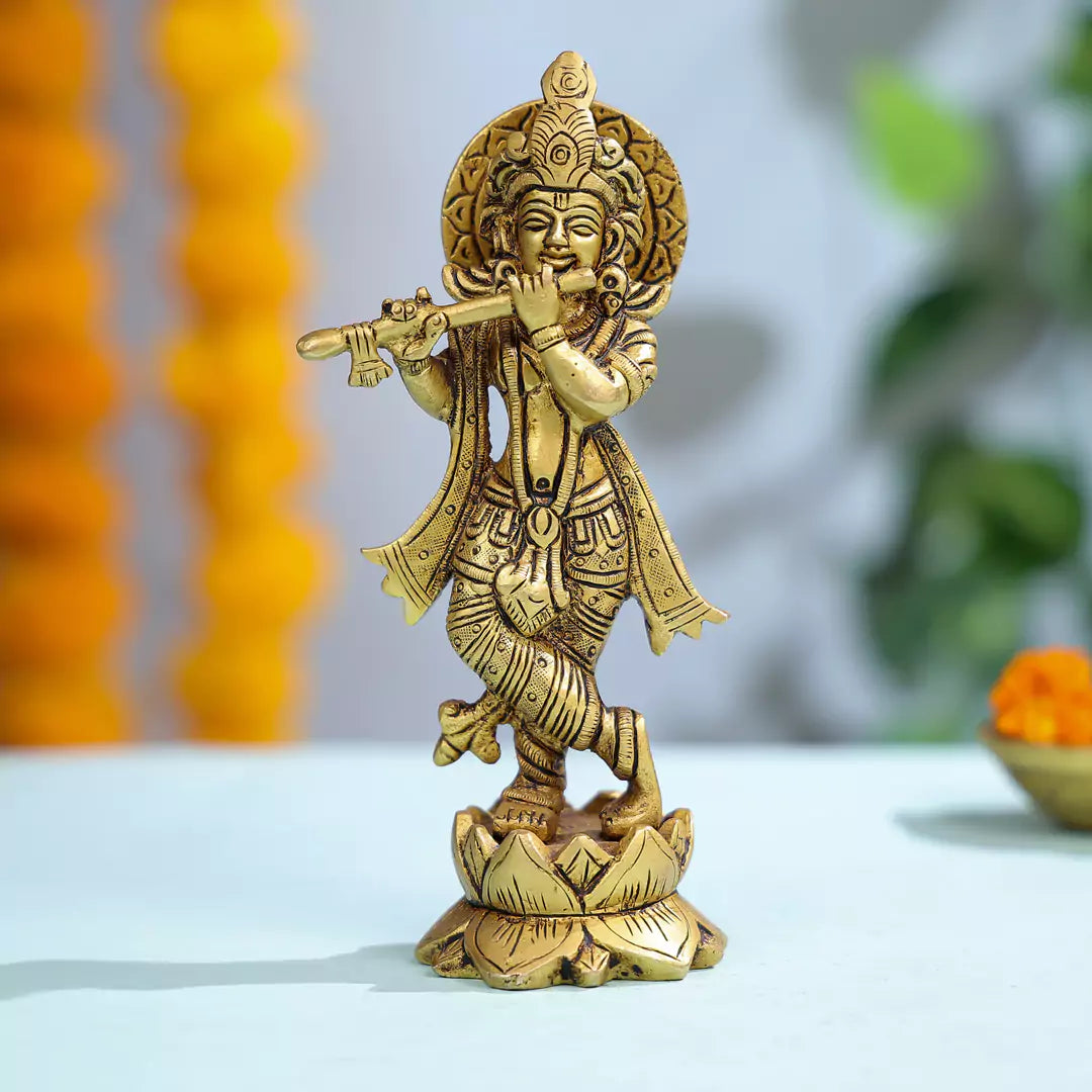 Brass Statue Of Lord Krishna On a Lotus Base