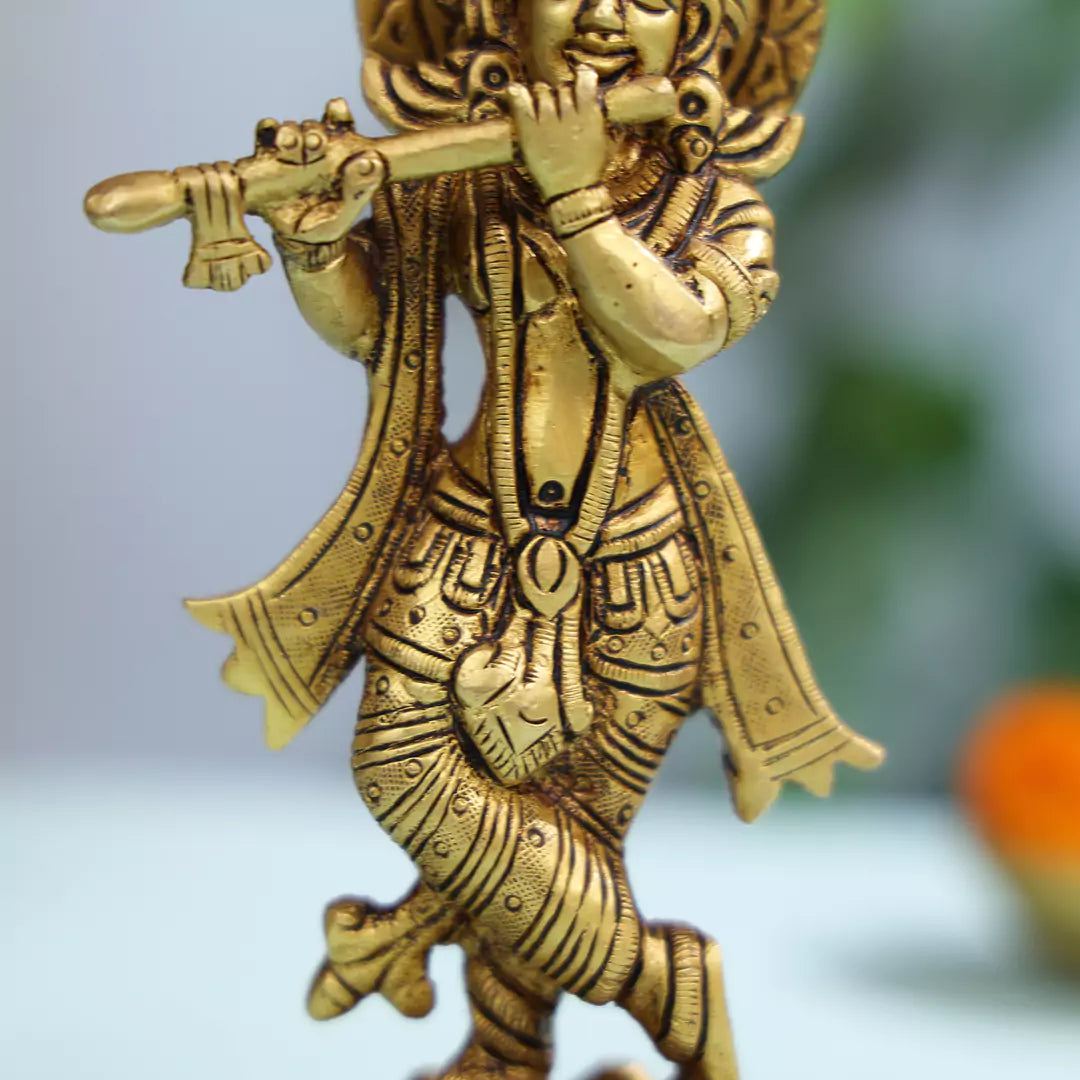 Brass Statue Of Lord Krishna On a Lotus Base