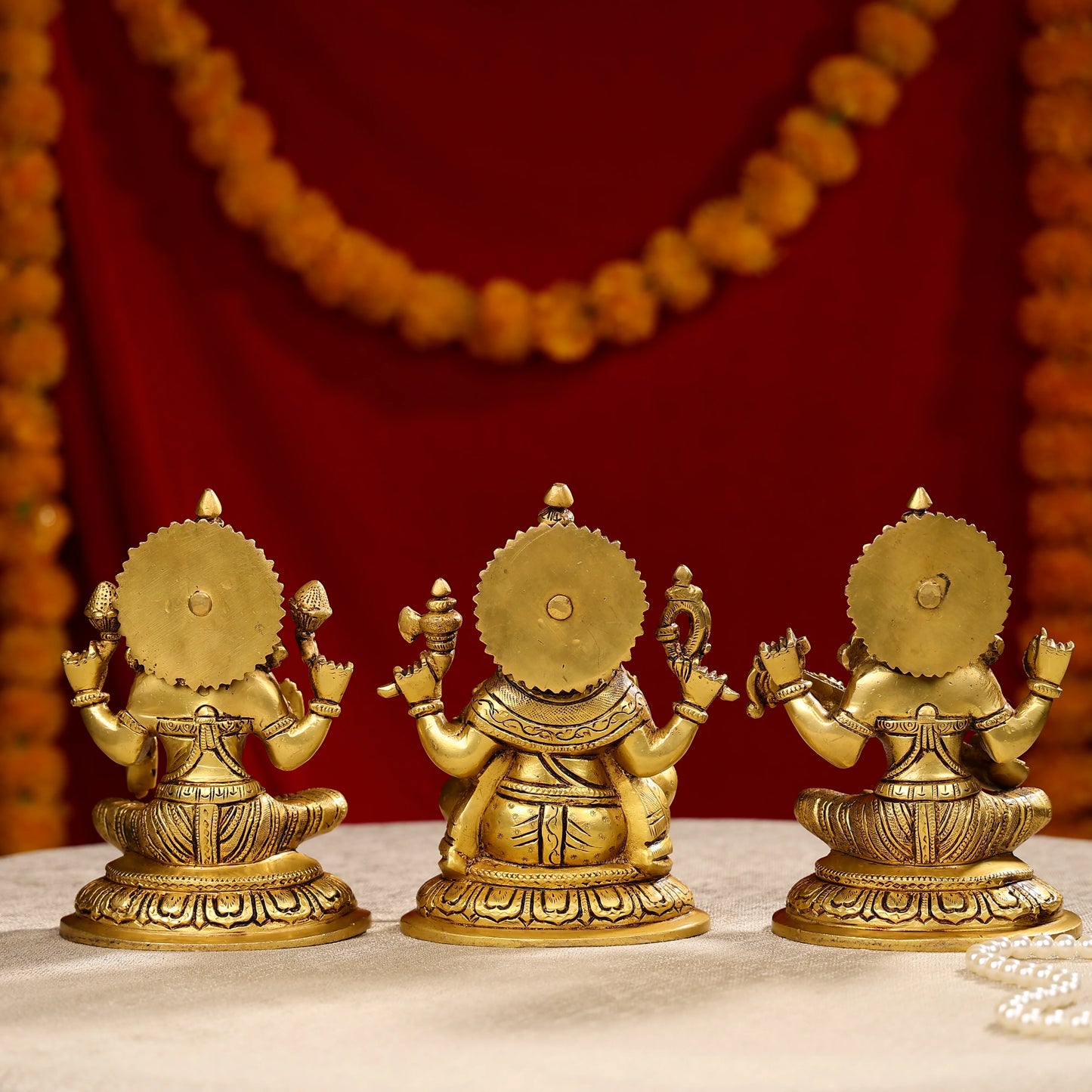 Super Fine Brass Laxmi Ganesha Saraswati Trio Idols Seated On Oval Base