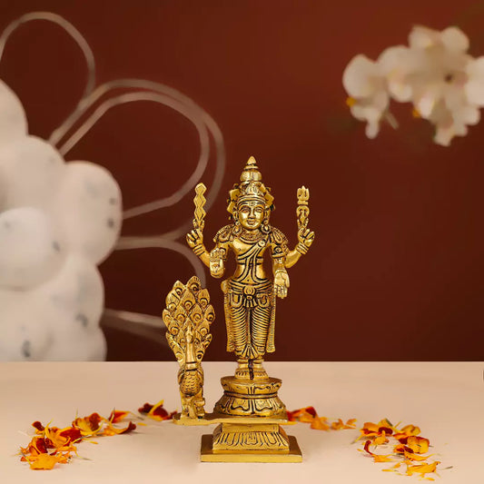 8" Brass Kartikeya Murugan Swami With Peacock Idol