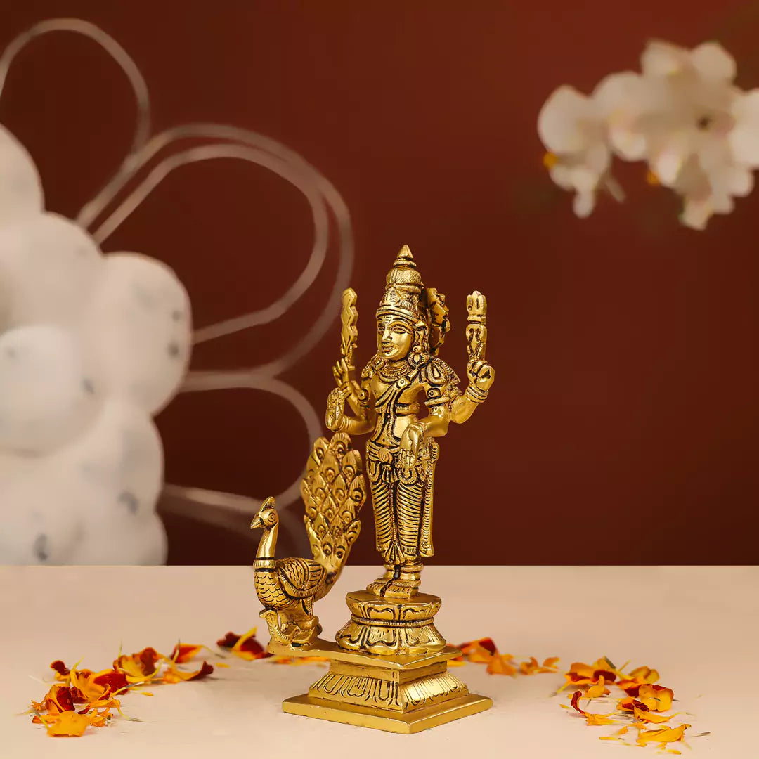 8" Brass Kartikeya Murugan Swami With Peacock Idol 1