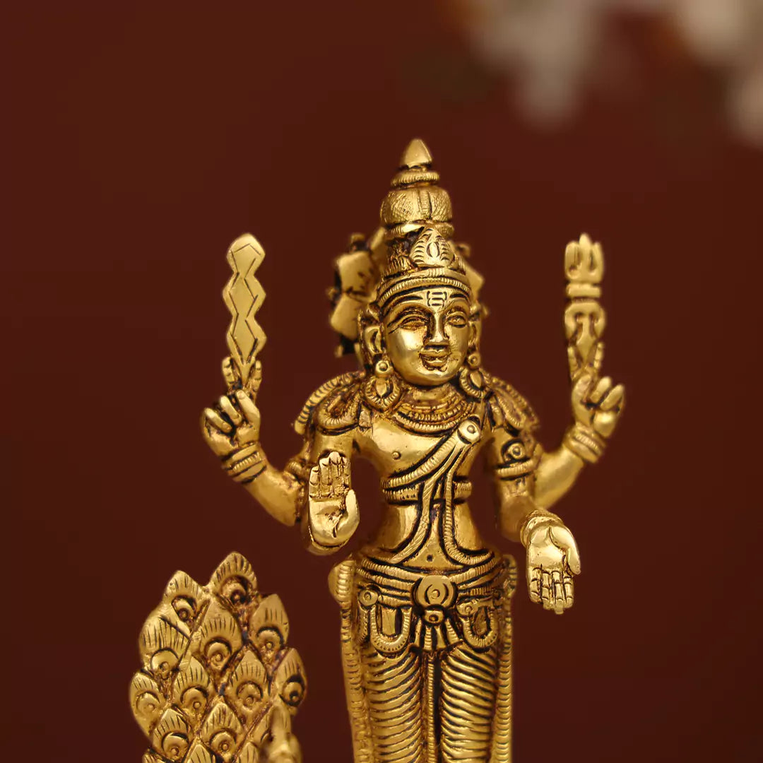 8" Brass Kartikeya Murugan Swami With Peacock Idol 4