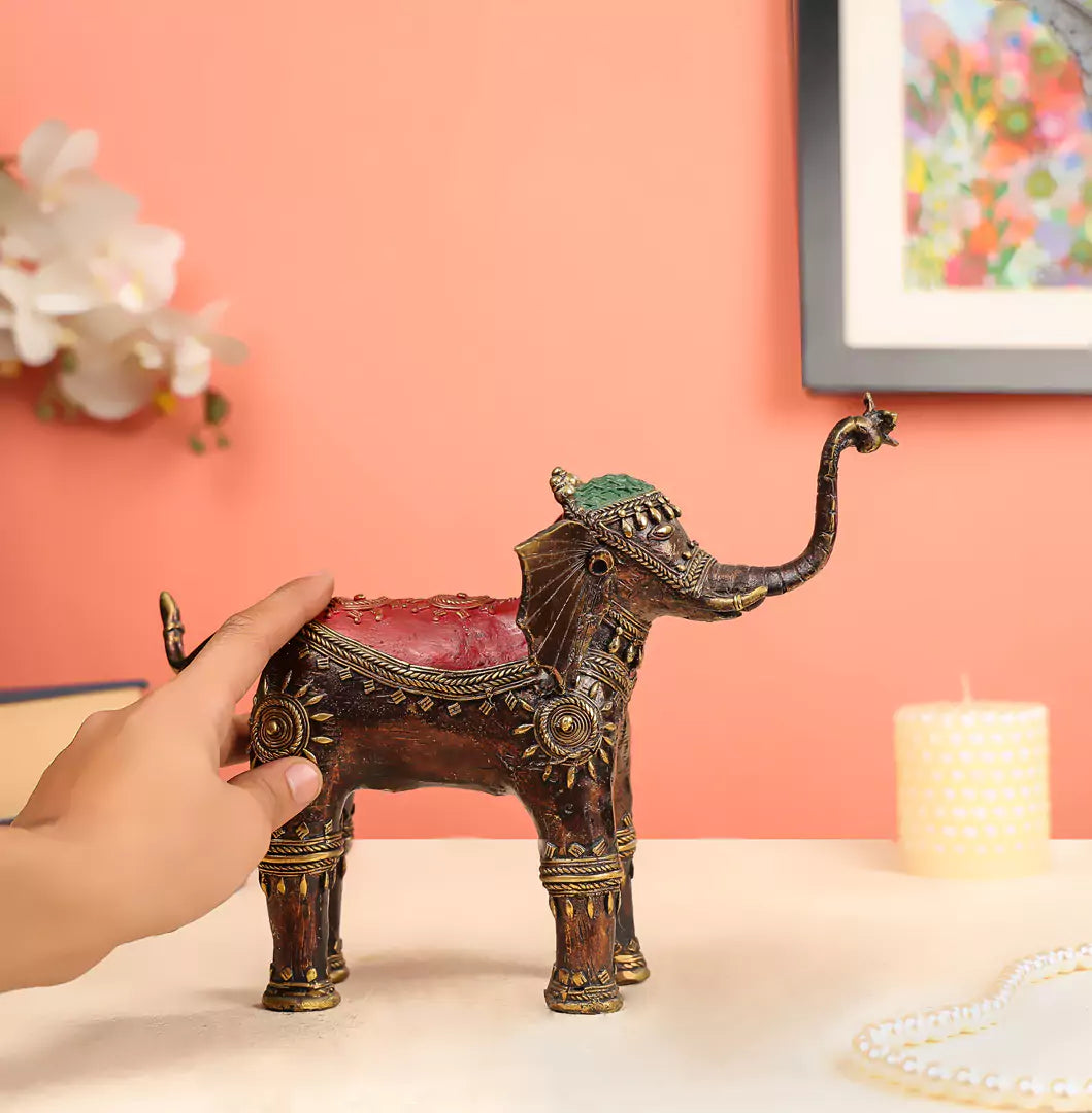 8" Coloured Brass Crafted Dhokra Elephant with Welcoming Trunk Pose Table Decor