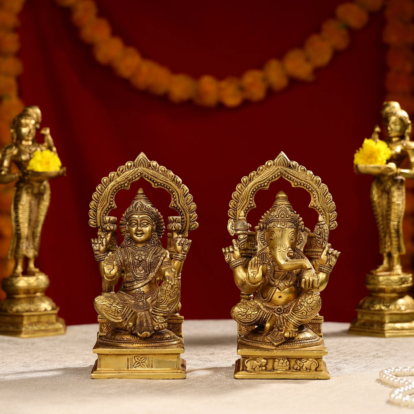 Super Fine Brass Goddess Laxmi Lord Ganesh Idols Seated On Throne
