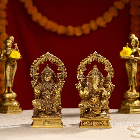 Super Fine Brass Goddess Laxmi Lord Ganesh Idols Seated On Throne
