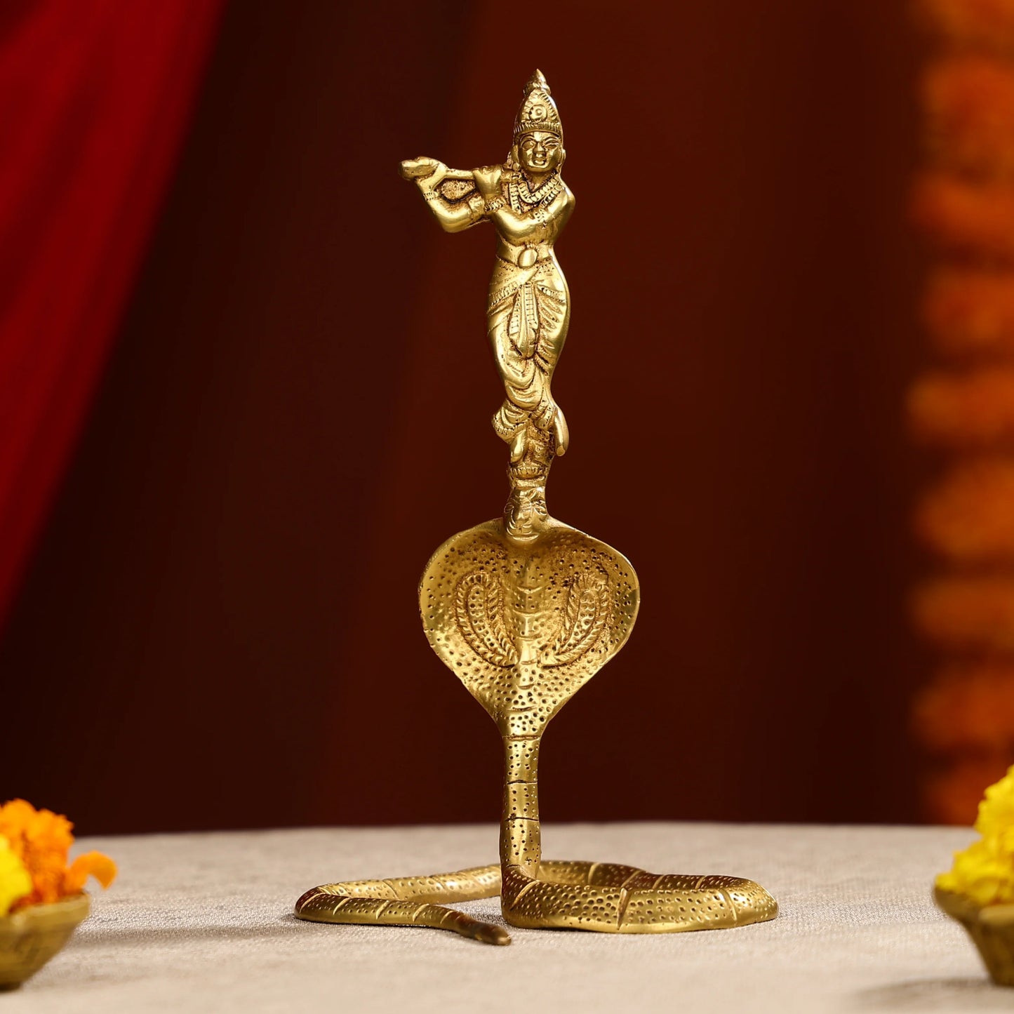 9.5" Brass Lord Krishna Idol Fluting on Sheesh Nag