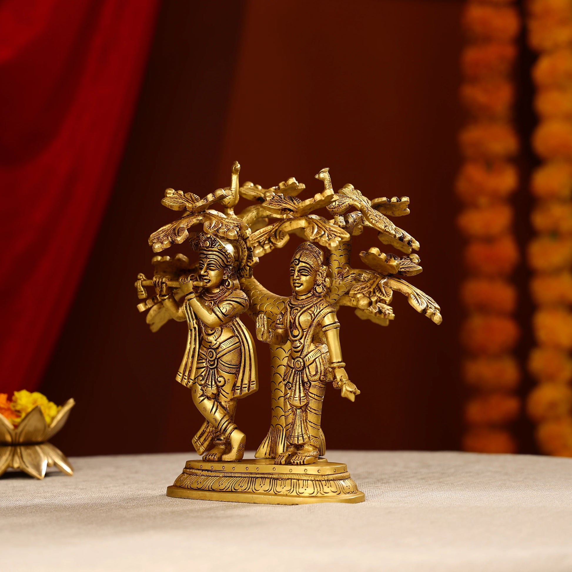 Brass Radha Krishna Idol Under Tree With Seated Peacocks