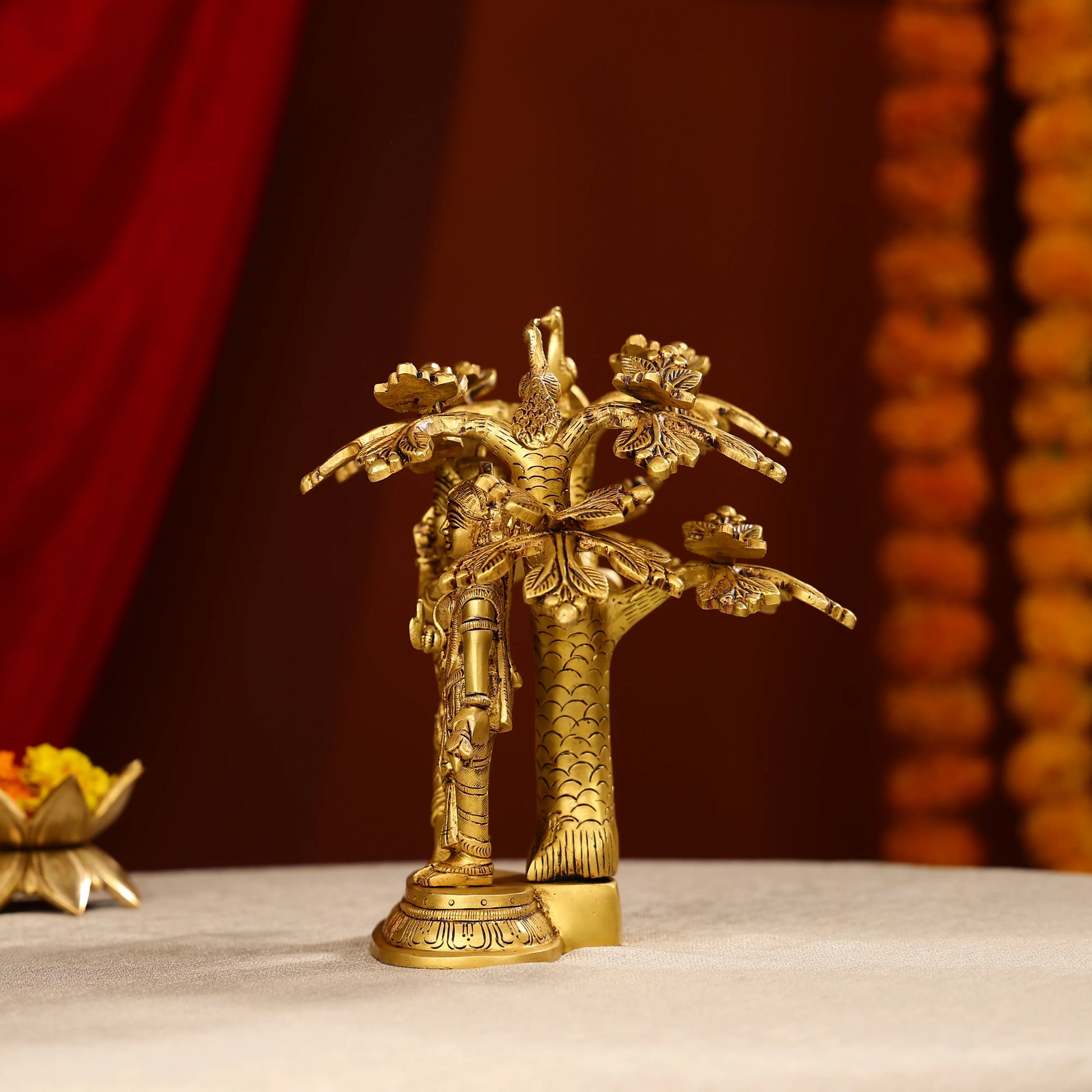 Brass Radha Krishna Idol Under Tree With Seated Peacocks