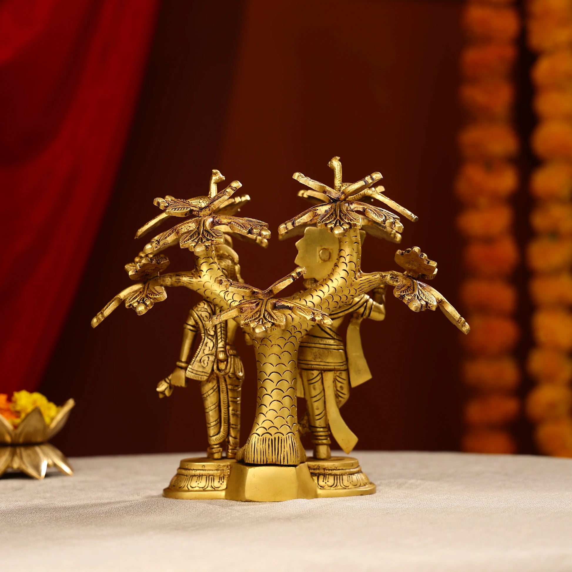 Brass Radha Krishna Idol Under Tree With Seated Peacocks