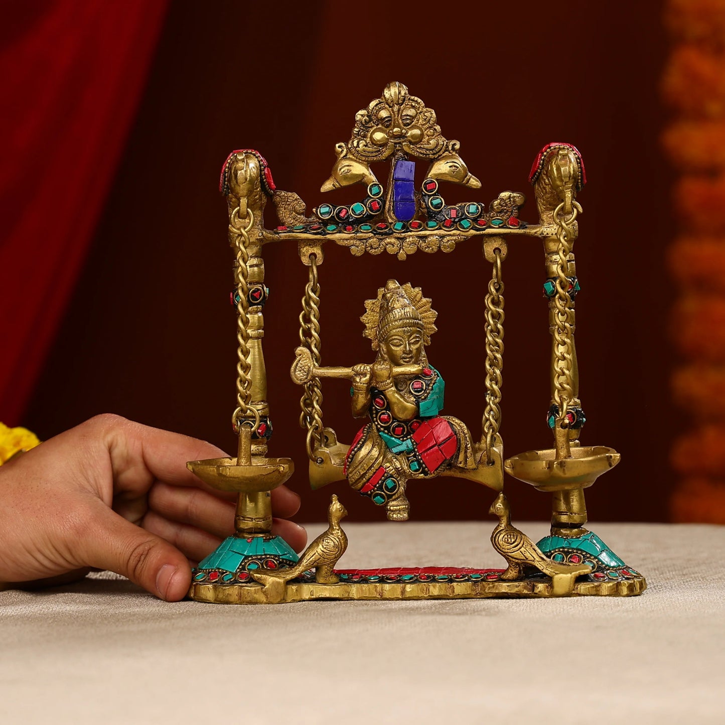 9" Brass Lord Krishna Fluting Idol on Swings With Hanging Panch Diya on Both Sides With Seated Peacocks | Stone Work