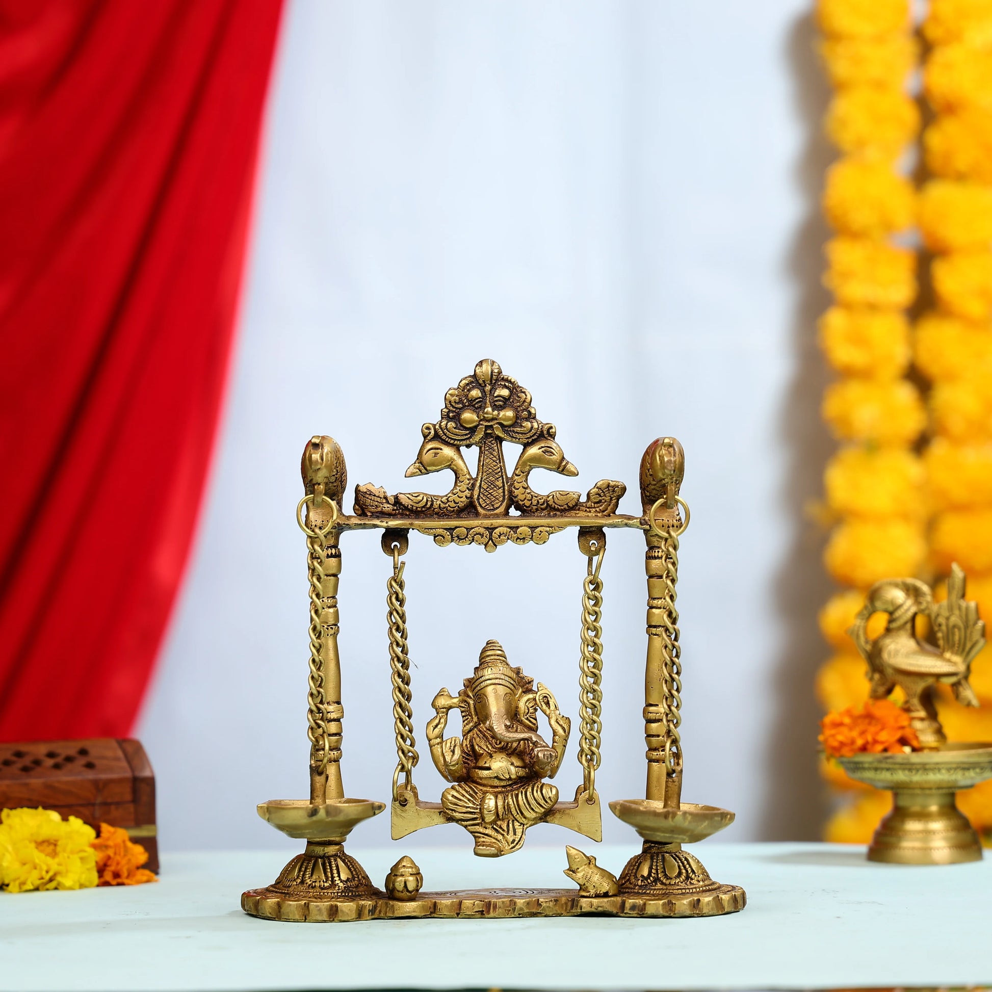 9_Brass_Lord_Ganesha_on_Swings_Idol_with_Hanging_Panch_Diya_on_Both_sides_1
