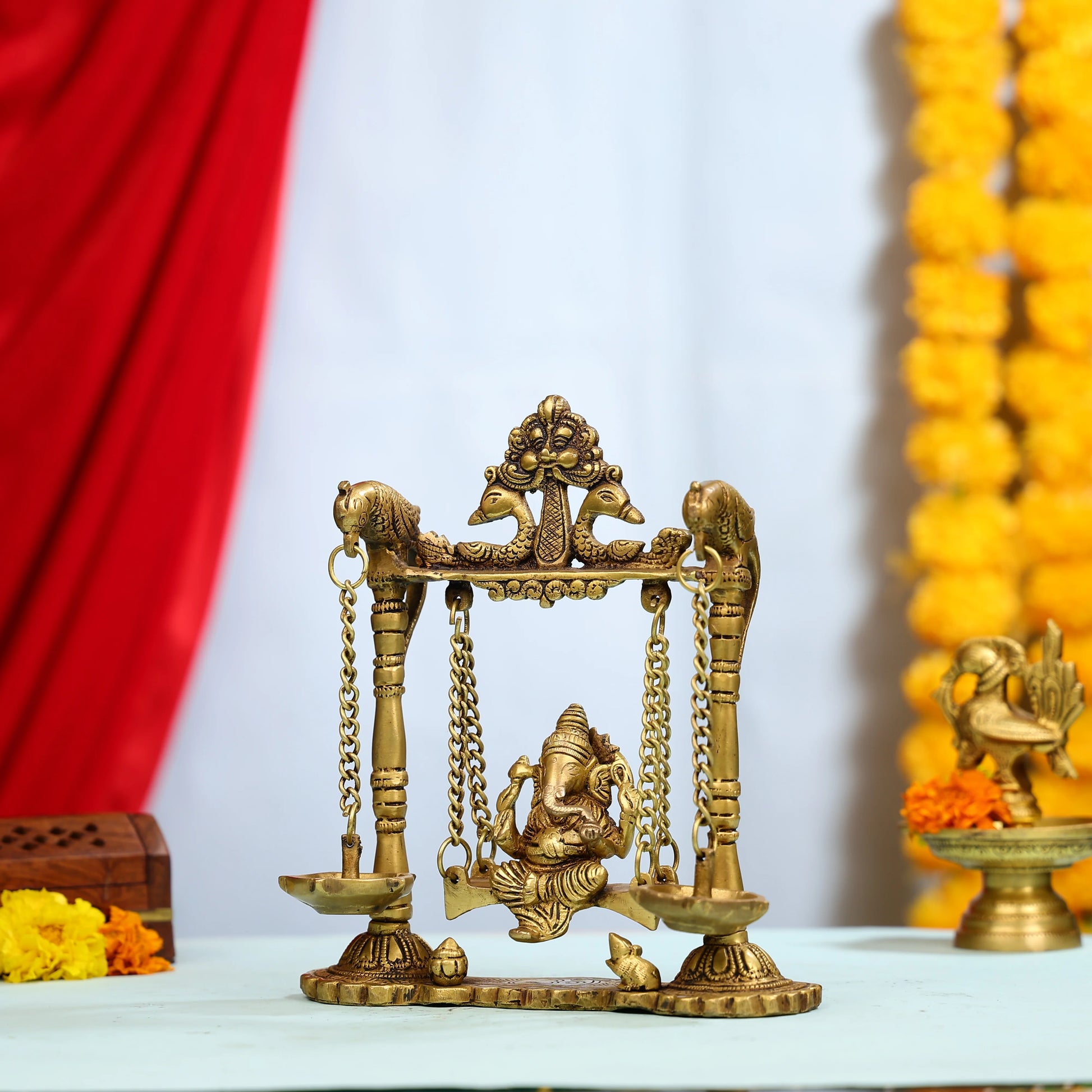 9_Brass_Lord_Ganesha_on_Swings_Idol_with_Hanging_Panch_Diya_on_Both_sides_2