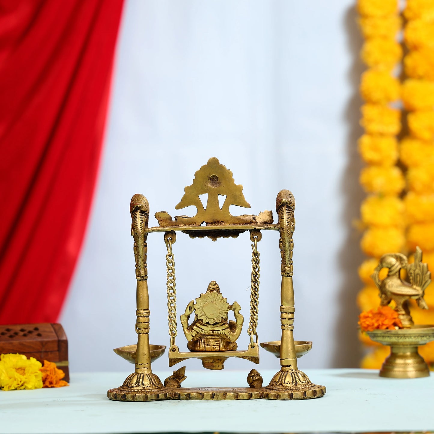 9_Brass_Lord_Ganesha_on_Swings_Idol_with_Hanging_Panch_Diya_on_Both_sides_5