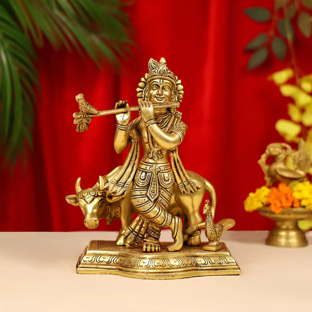 9" Brass Lord Krishna Idol Fluting With Cow in Background